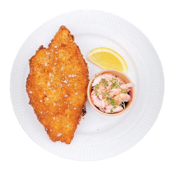 Sprødstegt Fladfisk med håndpillede rejer